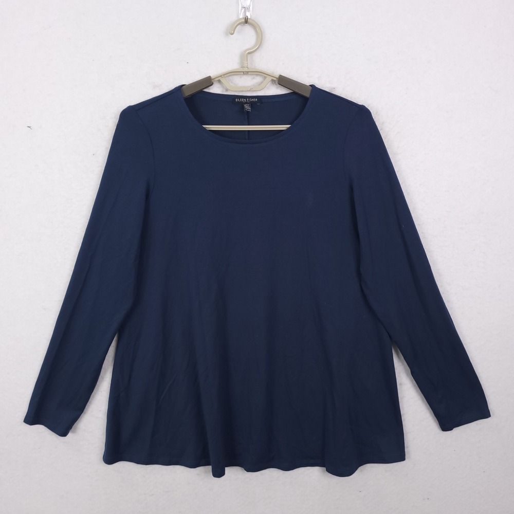 Eileen Fisher Tencel Top Womens PL Large Navy Blue Long Sleeve Crew Neck Flowy